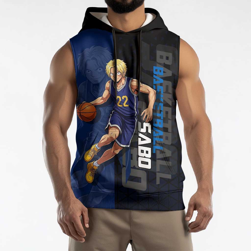 Sabo One Piece Basketball Theme Blue and Black Design Sleeveless Hoodie with Top Hat Emblem and Action Dribble Pose - The Mazicc