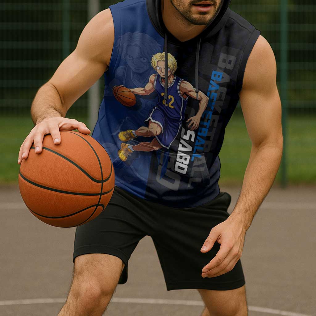 Sabo One Piece Basketball Theme Blue and Black Design Sleeveless Hoodie with Top Hat Emblem and Action Dribble Pose - The Mazicc