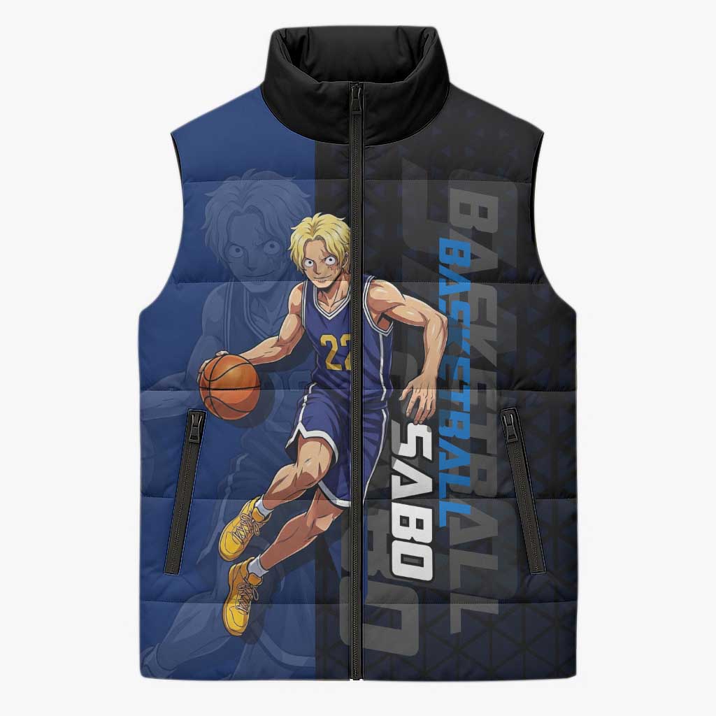 Sabo One Piece Basketball Theme Blue and Black Design Sleeveless Puffer Jacket with Top Hat Emblem and Action Dribble Pose - The Mazicc