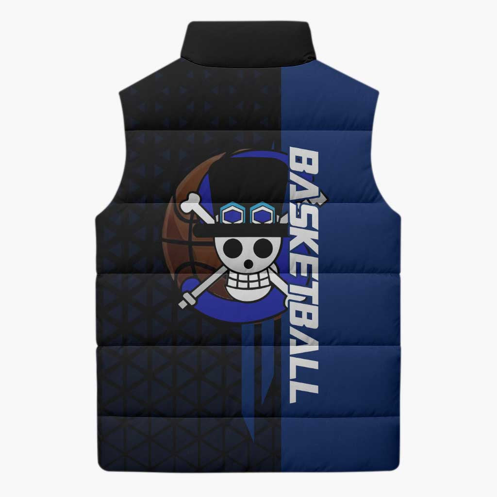 Sabo One Piece Basketball Theme Blue and Black Design Sleeveless Puffer Jacket with Top Hat Emblem and Action Dribble Pose - The Mazicc