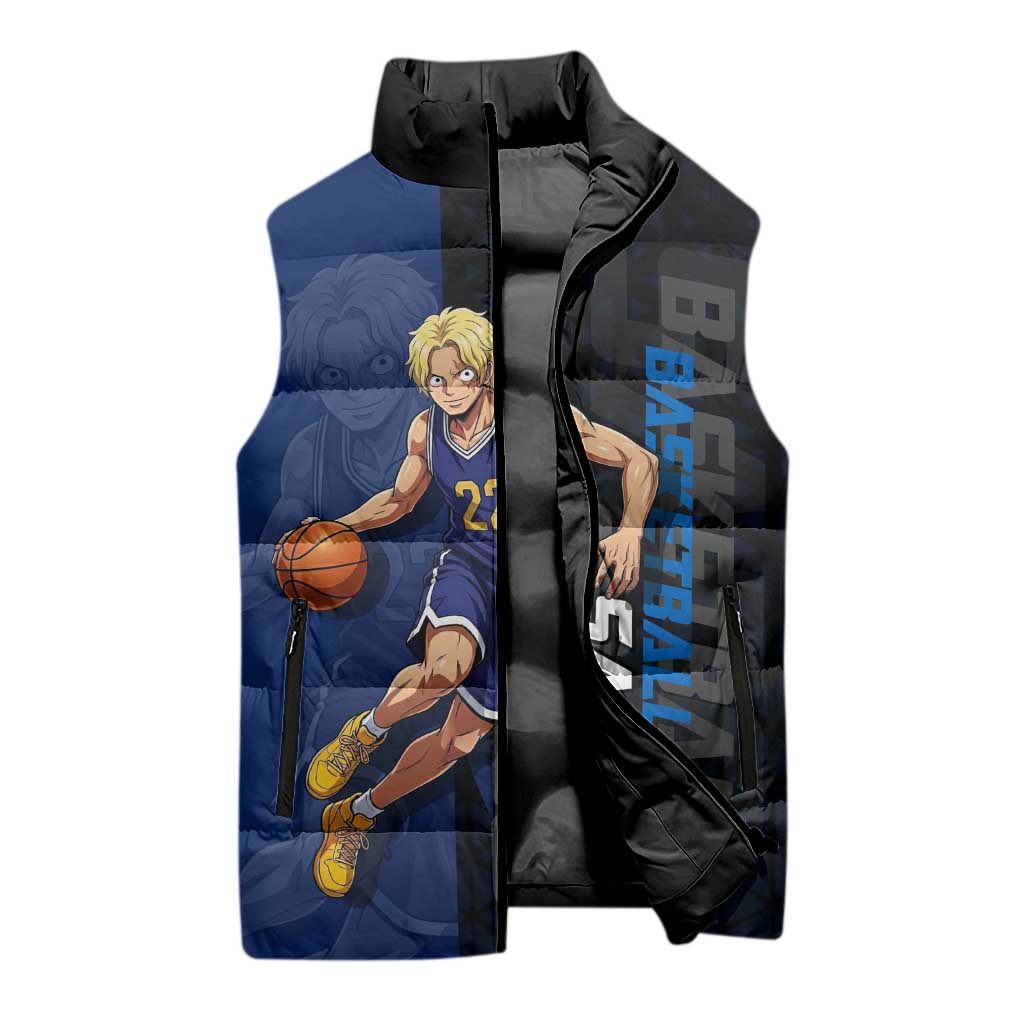 Sabo One Piece Basketball Theme Blue and Black Design Sleeveless Puffer Jacket with Top Hat Emblem and Action Dribble Pose - The Mazicc