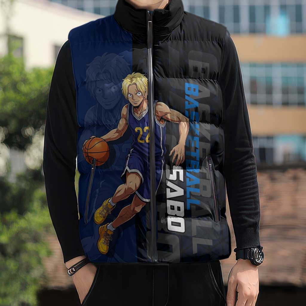 Sabo One Piece Basketball Theme Blue and Black Design Sleeveless Puffer Jacket with Top Hat Emblem and Action Dribble Pose - The Mazicc