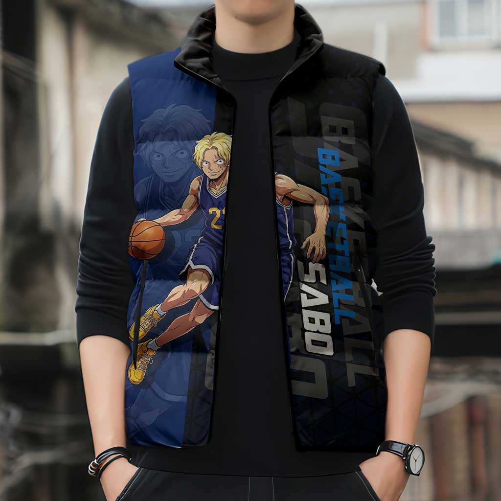 Sabo One Piece Basketball Theme Blue and Black Design Sleeveless Puffer Jacket with Top Hat Emblem and Action Dribble Pose - The Mazicc