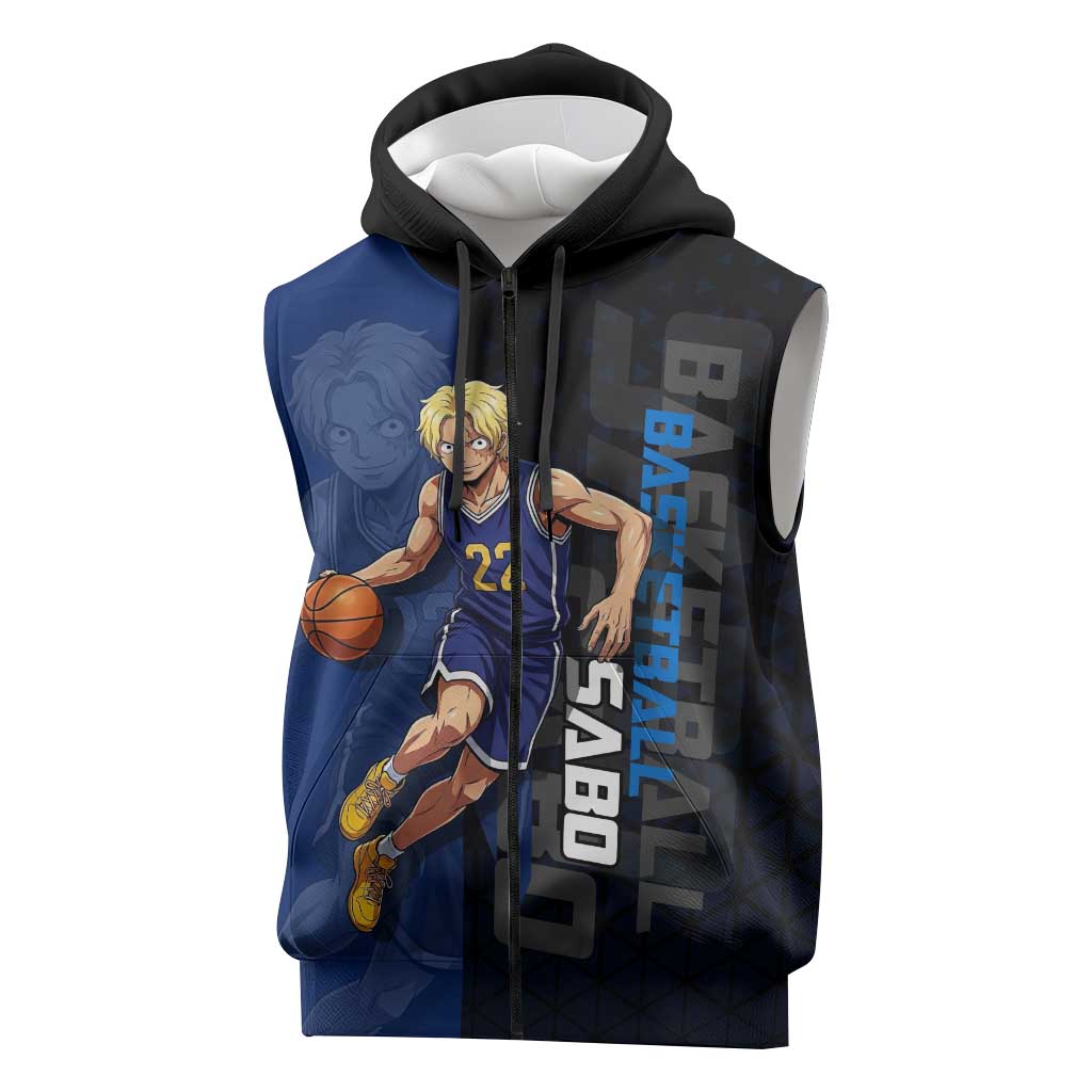 Sabo One Piece Basketball Theme Blue and Black Design Sleeveless Zip Hoodie with Top Hat Emblem and Action Dribble Pose - The Mazicc