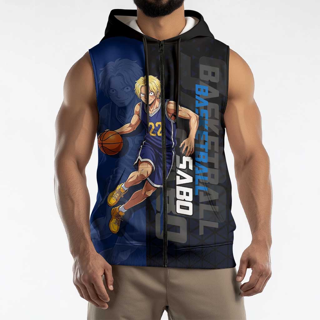 Sabo One Piece Basketball Theme Blue and Black Design Sleeveless Zip Hoodie with Top Hat Emblem and Action Dribble Pose - The Mazicc
