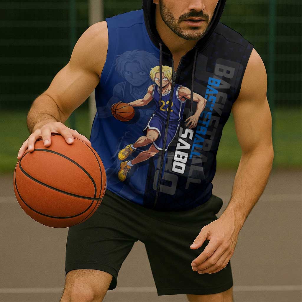Sabo One Piece Basketball Theme Blue and Black Design Sleeveless Zip Hoodie with Top Hat Emblem and Action Dribble Pose - The Mazicc
