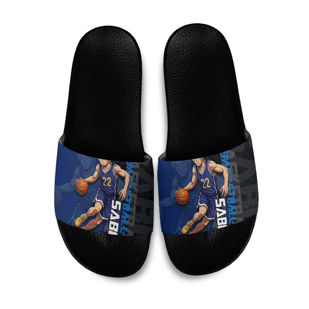 Sabo One Piece Basketball Theme Blue and Black Design Slide Sandals with Top Hat Emblem and Action Dribble Pose - The Mazicc