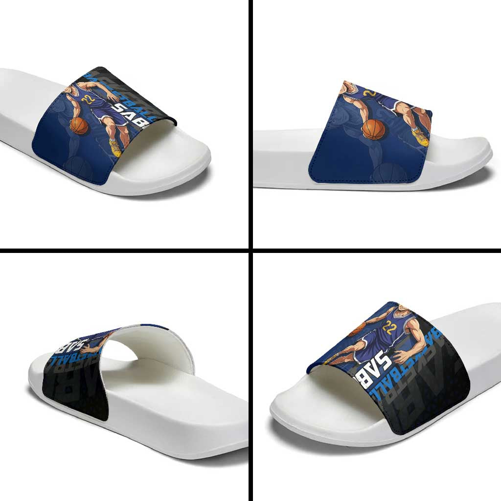 Sabo One Piece Basketball Theme Blue and Black Design Slide Sandals with Top Hat Emblem and Action Dribble Pose - The Mazicc