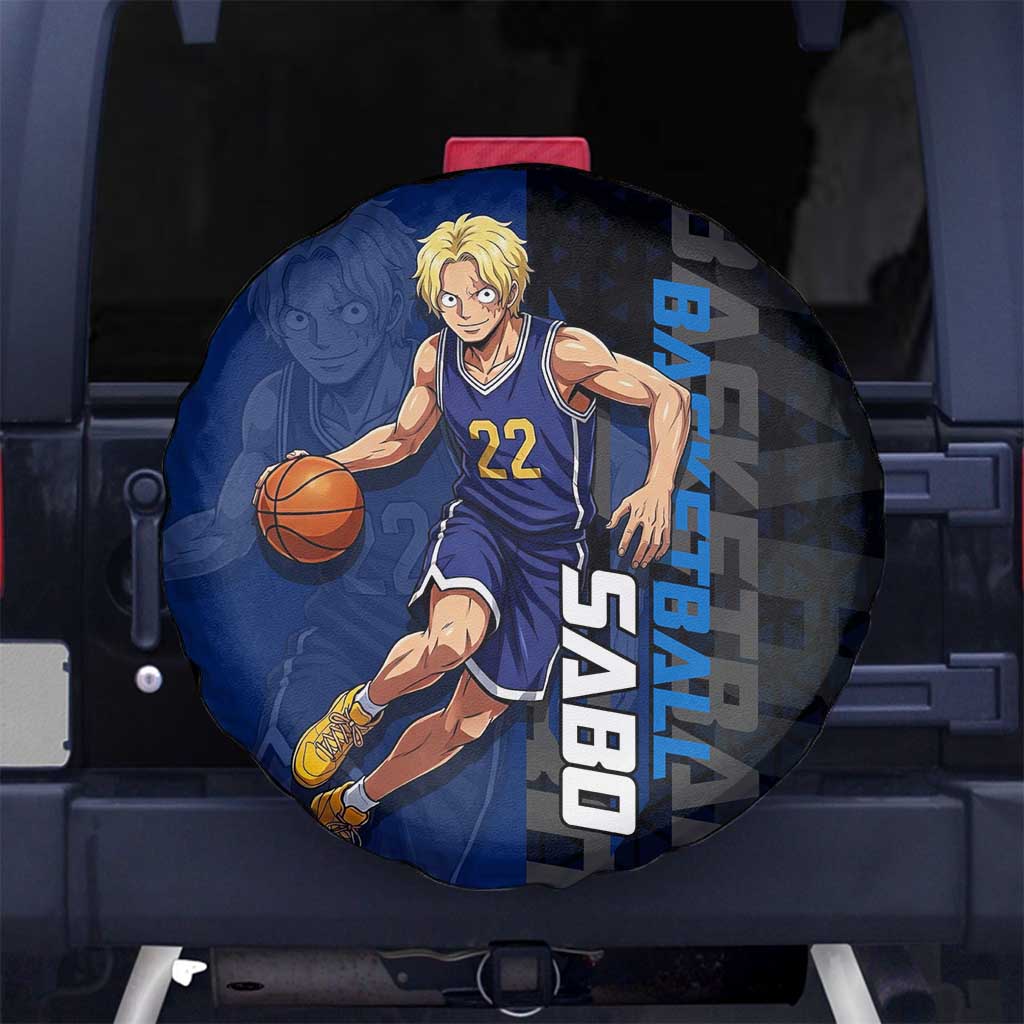 Sabo One Piece Basketball Theme Blue and Black Design Spare Tire Cover with Top Hat Emblem and Action Dribble Pose - The Mazicc