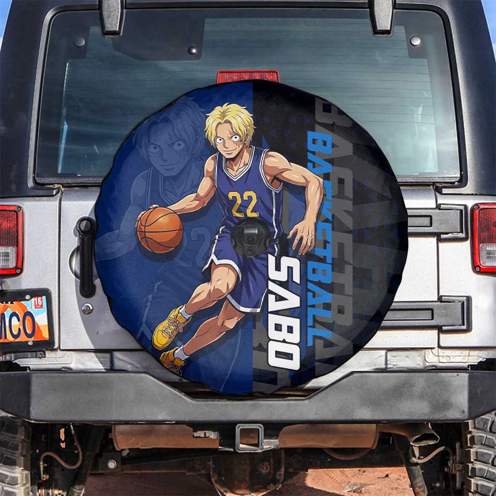 Sabo One Piece Basketball Theme Blue and Black Design Spare Tire Cover with Top Hat Emblem and Action Dribble Pose - The Mazicc