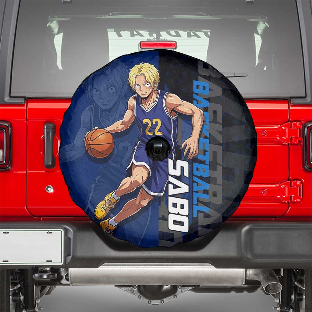 Sabo One Piece Basketball Theme Blue and Black Design Spare Tire Cover with Top Hat Emblem and Action Dribble Pose - The Mazicc