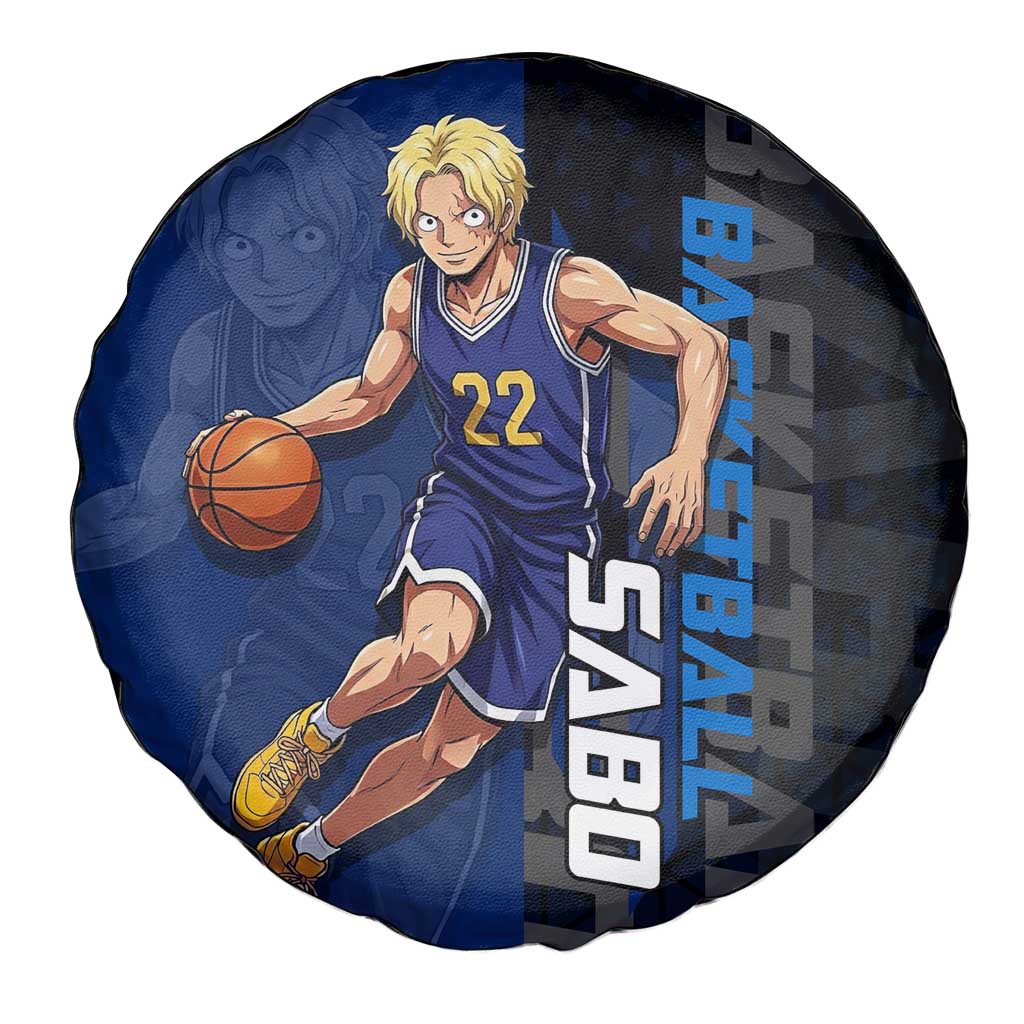 Sabo One Piece Basketball Theme Blue and Black Design Spare Tire Cover with Top Hat Emblem and Action Dribble Pose - The Mazicc