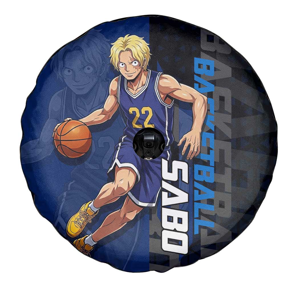 Sabo One Piece Basketball Theme Blue and Black Design Spare Tire Cover with Top Hat Emblem and Action Dribble Pose - The Mazicc