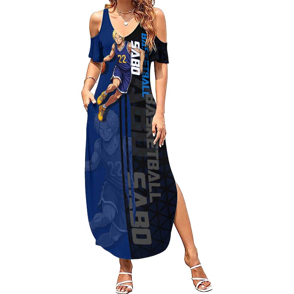 Sabo One Piece Basketball Theme Blue and Black Design Summer Maxi Dress with Top Hat Emblem and Action Dribble Pose - The Mazicc