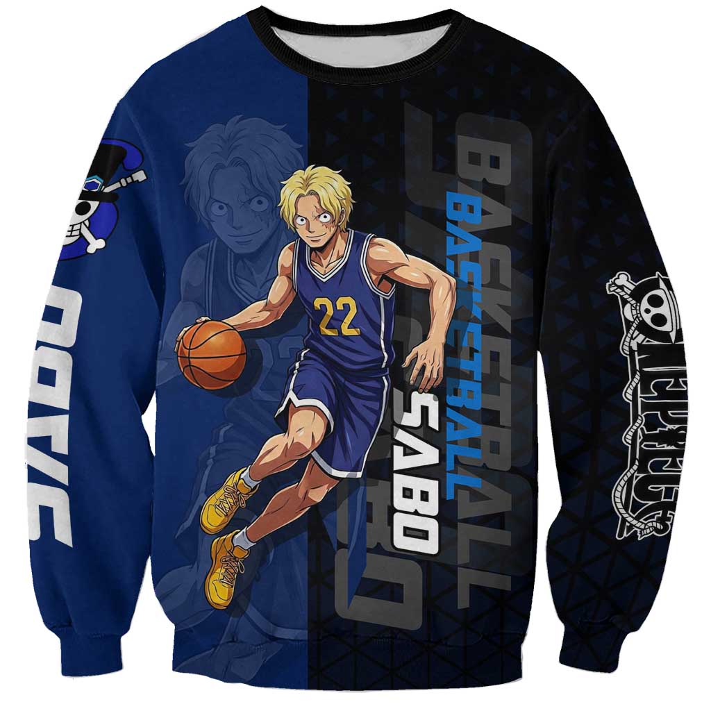 Sabo One Piece Basketball Theme Blue and Black Design Sweatshirt with Top Hat Emblem and Action Dribble Pose - The Mazicc