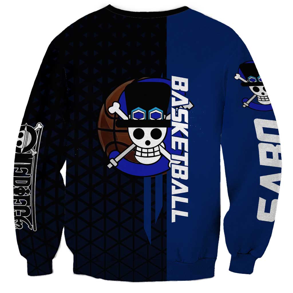 Sabo One Piece Basketball Theme Blue and Black Design Sweatshirt with Top Hat Emblem and Action Dribble Pose - The Mazicc