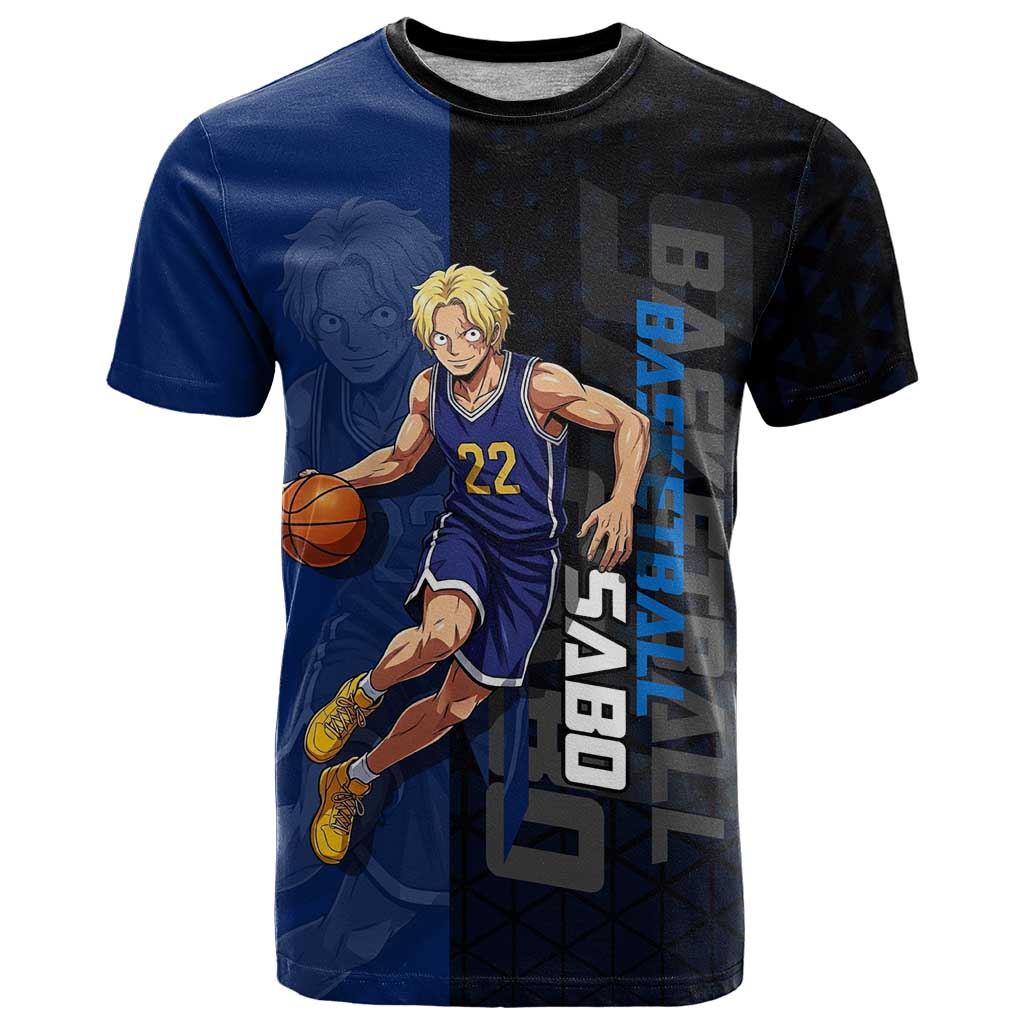 Sabo One Piece Basketball Theme Blue and Black Design T Shirt with Top Hat Emblem and Action Dribble Pose - The Mazicc
