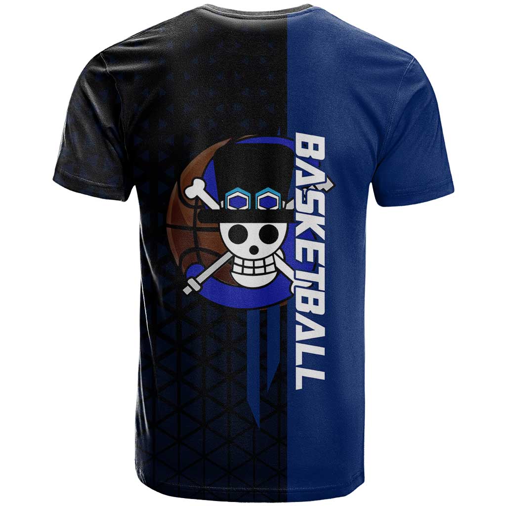 Sabo One Piece Basketball Theme Blue and Black Design T Shirt with Top Hat Emblem and Action Dribble Pose - The Mazicc