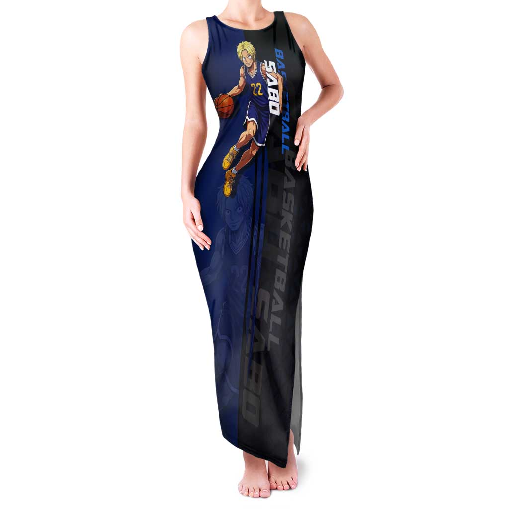 Sabo One Piece Basketball Theme Blue and Black Design Tank Maxi Dress with Top Hat Emblem and Action Dribble Pose - The Mazicc