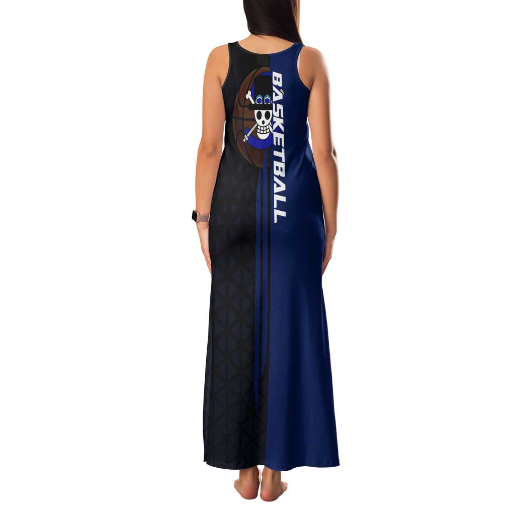Sabo One Piece Basketball Theme Blue and Black Design Tank Maxi Dress with Top Hat Emblem and Action Dribble Pose - The Mazicc