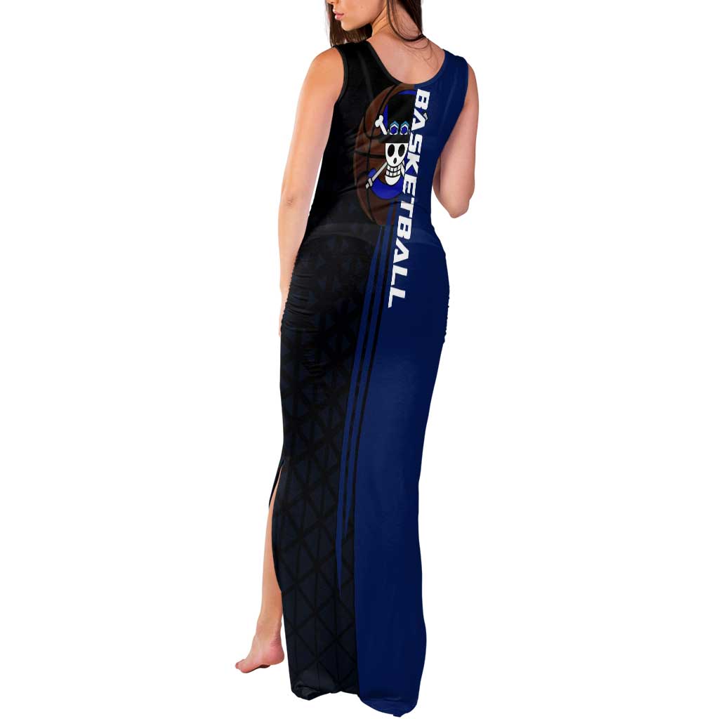 Sabo One Piece Basketball Theme Blue and Black Design Tank Maxi Dress with Top Hat Emblem and Action Dribble Pose - The Mazicc