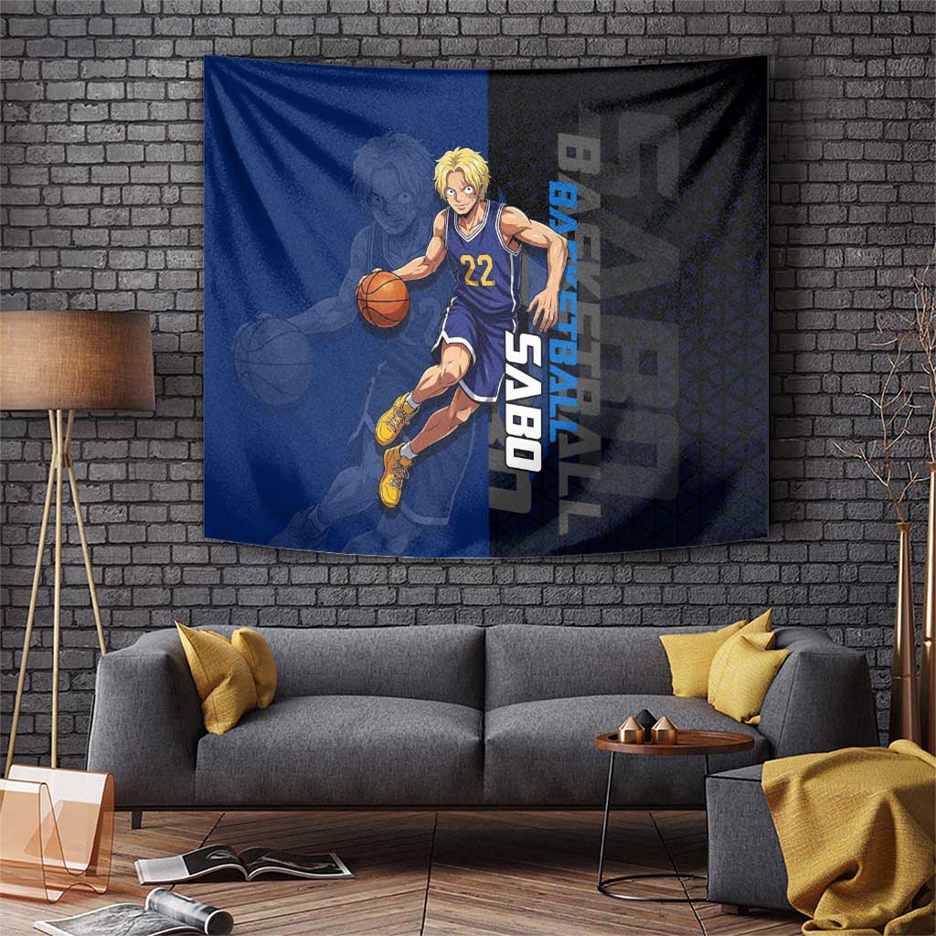 Sabo One Piece Basketball Theme Blue and Black Design Tapestry with Top Hat Emblem and Action Dribble Pose - The Mazicc