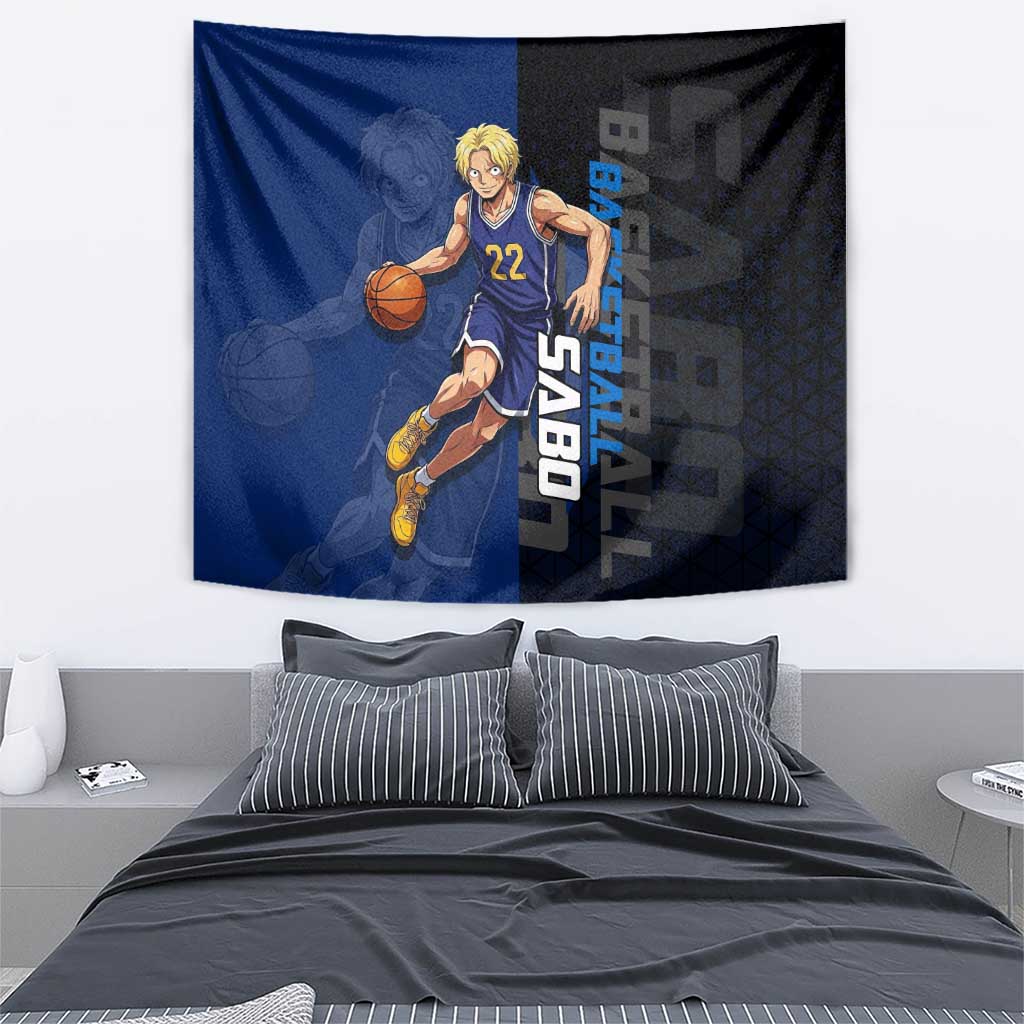 Sabo One Piece Basketball Theme Blue and Black Design Tapestry with Top Hat Emblem and Action Dribble Pose - The Mazicc