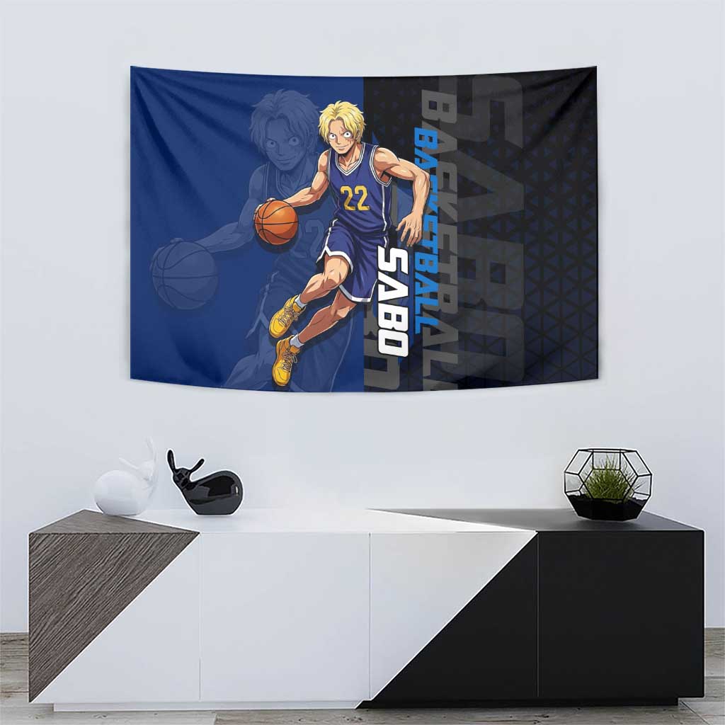 Sabo One Piece Basketball Theme Blue and Black Design Tapestry with Top Hat Emblem and Action Dribble Pose - The Mazicc
