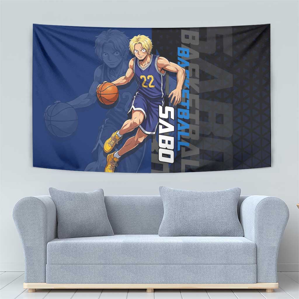 Sabo One Piece Basketball Theme Blue and Black Design Tapestry with Top Hat Emblem and Action Dribble Pose - The Mazicc