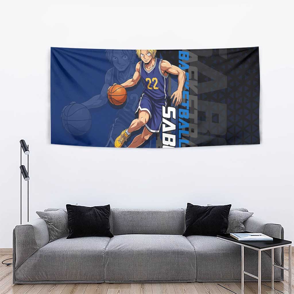 Sabo One Piece Basketball Theme Blue and Black Design Tapestry with Top Hat Emblem and Action Dribble Pose - The Mazicc