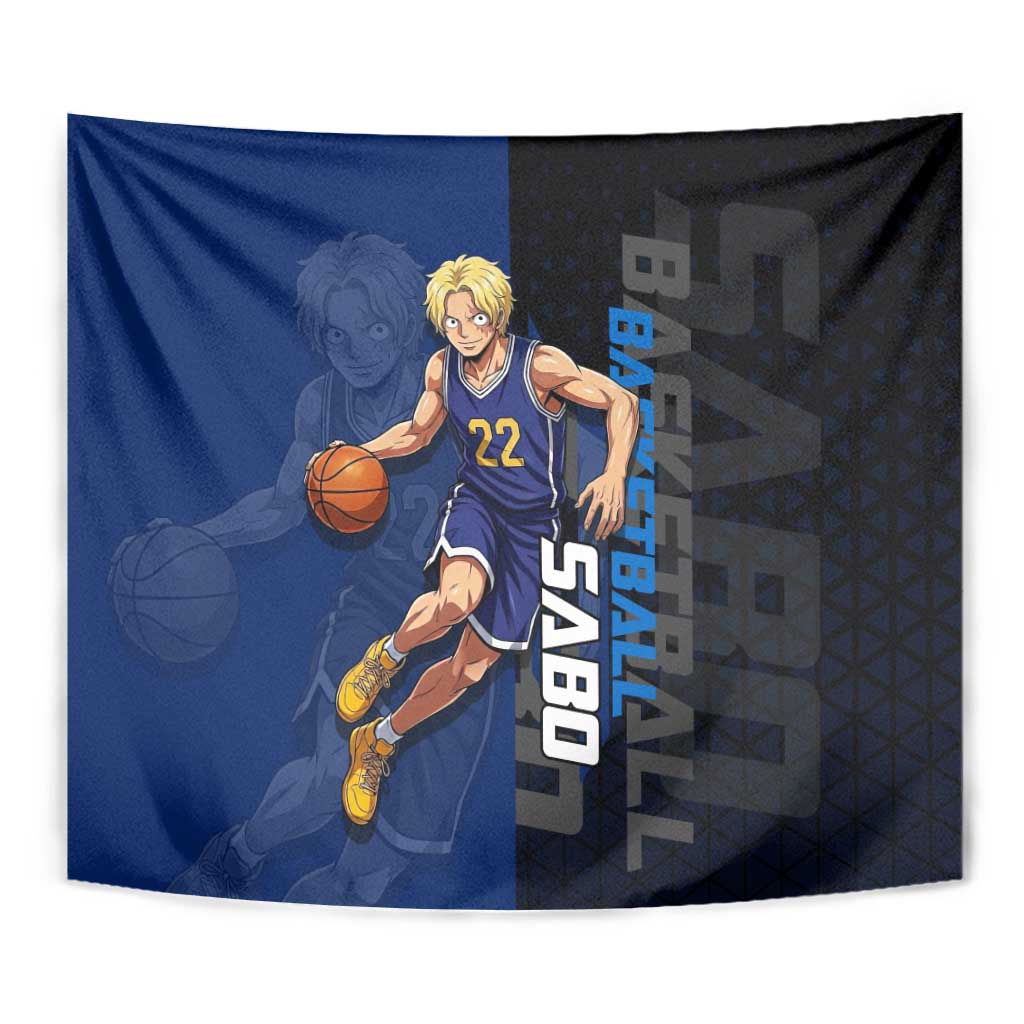 Sabo One Piece Basketball Theme Blue and Black Design Tapestry with Top Hat Emblem and Action Dribble Pose - The Mazicc