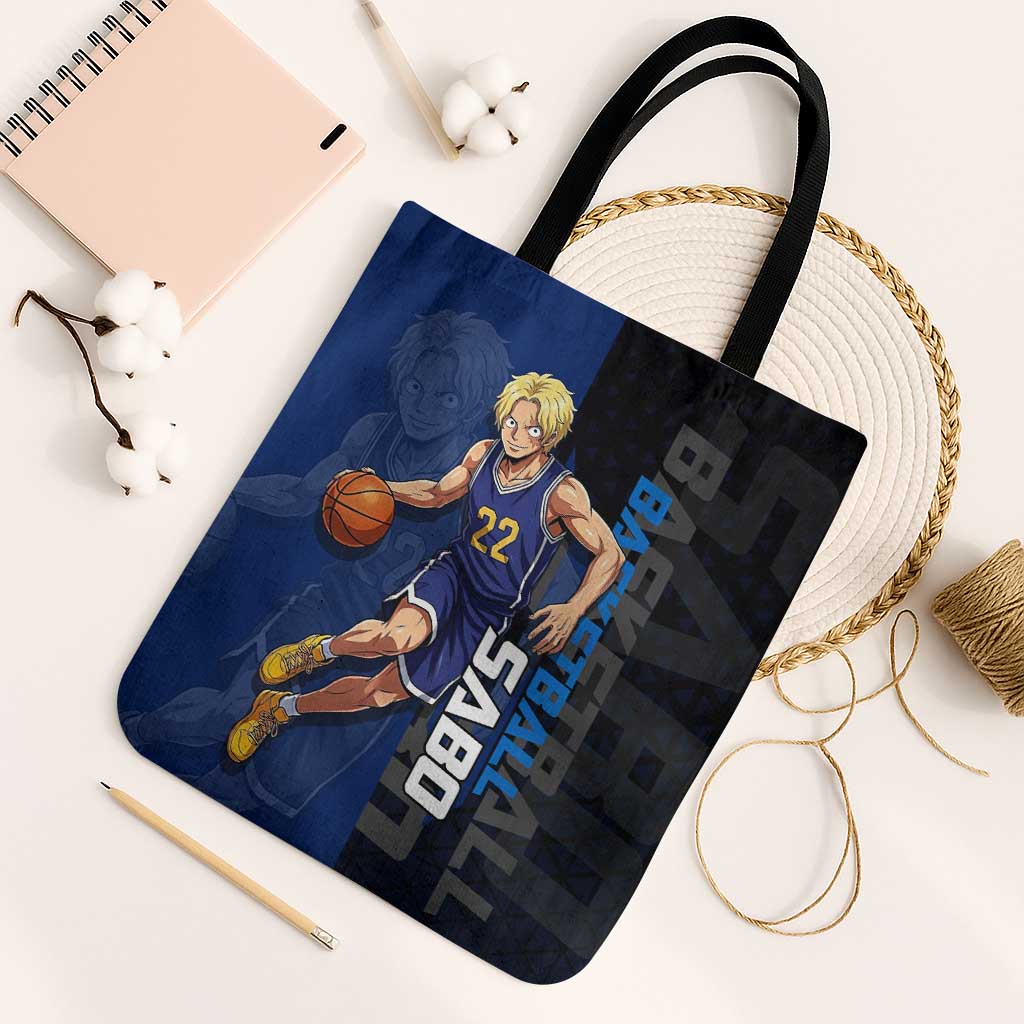 Sabo One Piece Basketball Theme Blue and Black Design Tote Bag with Top Hat Emblem and Action Dribble Pose - The Mazicc