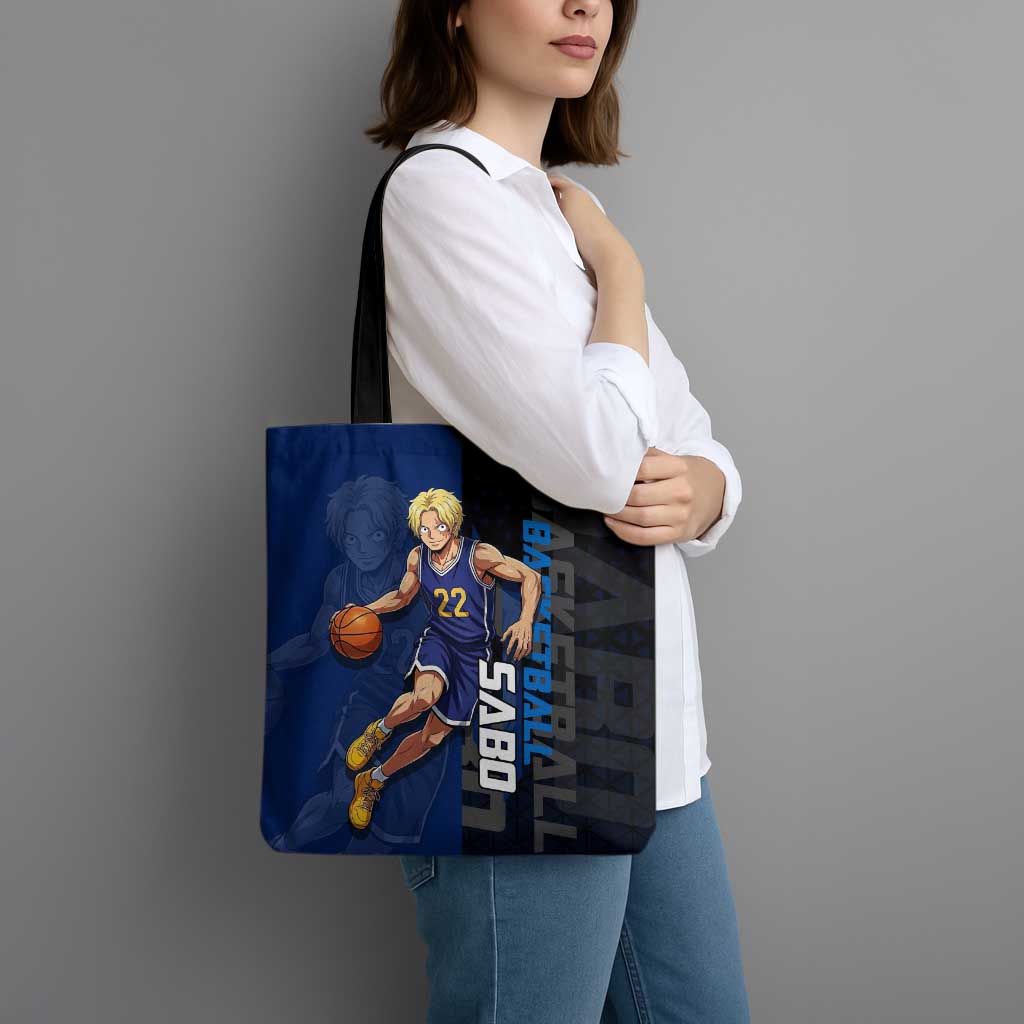 Sabo One Piece Basketball Theme Blue and Black Design Tote Bag with Top Hat Emblem and Action Dribble Pose - The Mazicc