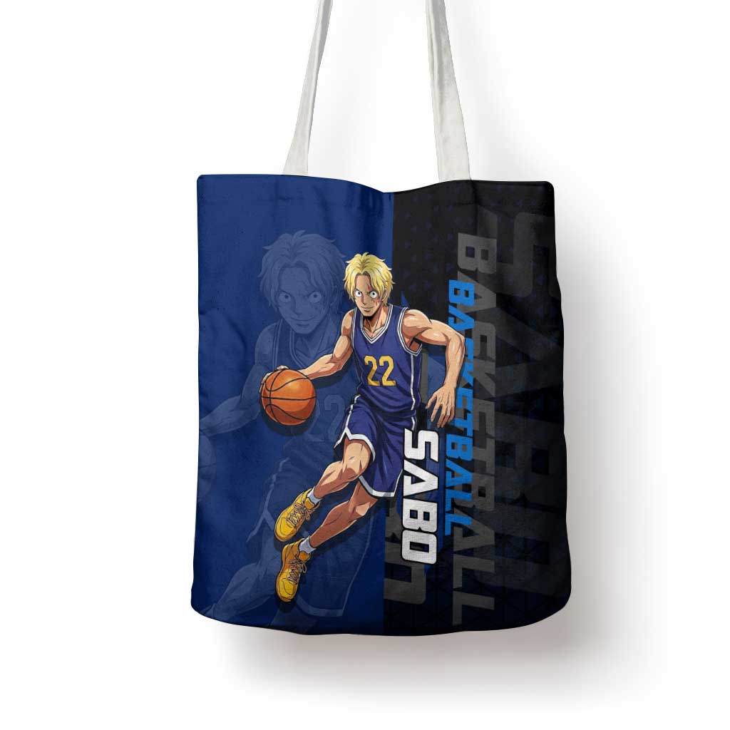 Sabo One Piece Basketball Theme Blue and Black Design Tote Bag with Top Hat Emblem and Action Dribble Pose - The Mazicc