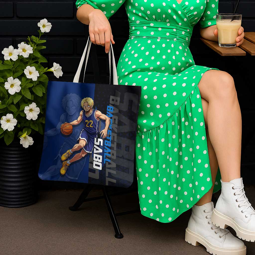 Sabo One Piece Basketball Theme Blue and Black Design Tote Bag with Top Hat Emblem and Action Dribble Pose - The Mazicc