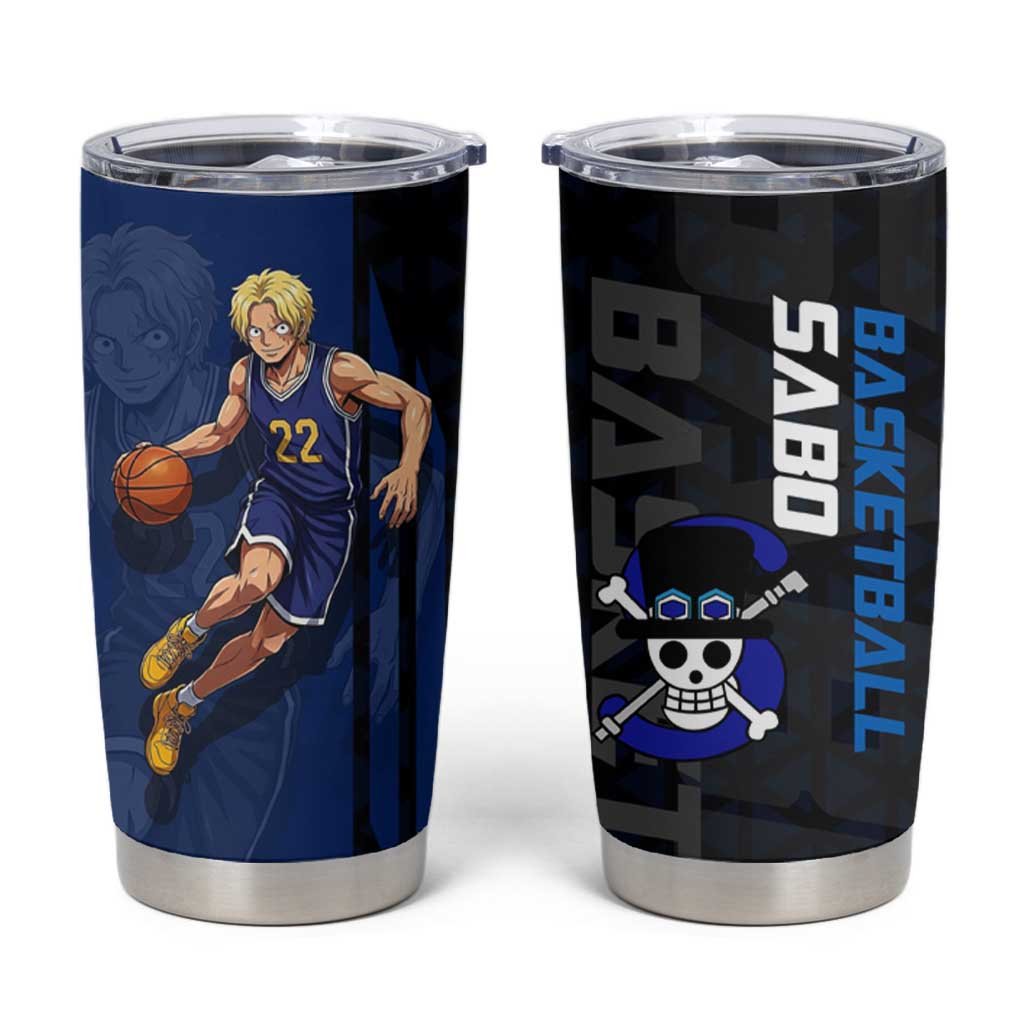 Sabo One Piece Basketball Theme Blue and Black Design Tumbler Cup with Top Hat Emblem and Action Dribble Pose - The Mazicc