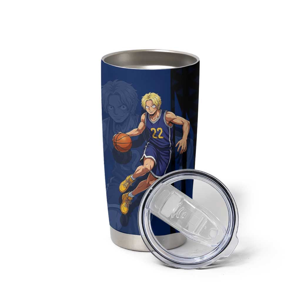 Sabo One Piece Basketball Theme Blue and Black Design Tumbler Cup with Top Hat Emblem and Action Dribble Pose - The Mazicc