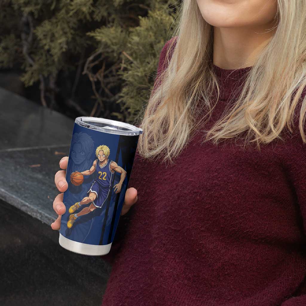 Sabo One Piece Basketball Theme Blue and Black Design Tumbler Cup with Top Hat Emblem and Action Dribble Pose - The Mazicc