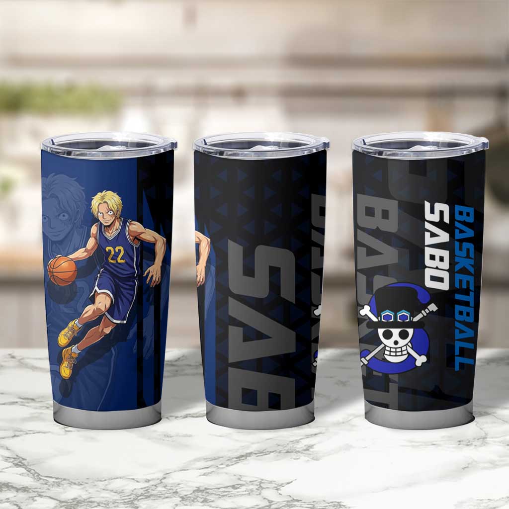 Sabo One Piece Basketball Theme Blue and Black Design Tumbler Cup with Top Hat Emblem and Action Dribble Pose - The Mazicc