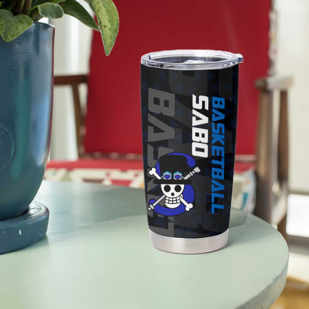 Sabo One Piece Basketball Theme Blue and Black Design Tumbler Cup with Top Hat Emblem and Action Dribble Pose - The Mazicc