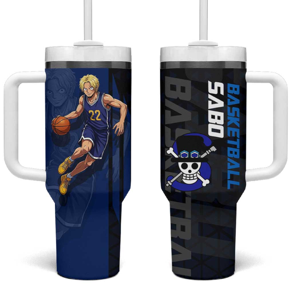 Sabo One Piece Basketball Theme Blue and Black Design Tumbler With Handle with Top Hat Emblem and Action Dribble Pose - The Mazicc