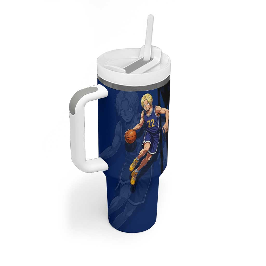 Sabo One Piece Basketball Theme Blue and Black Design Tumbler With Handle with Top Hat Emblem and Action Dribble Pose - The Mazicc