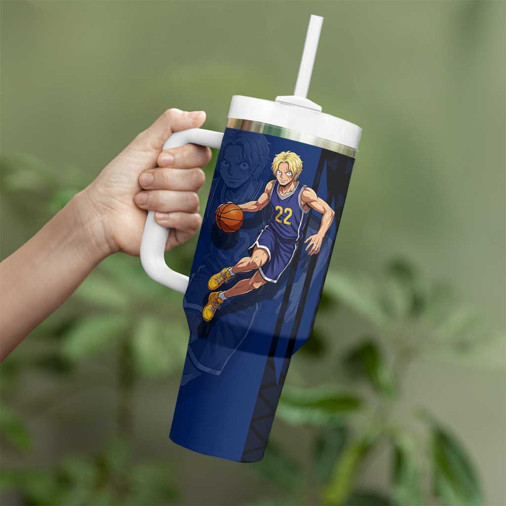 Sabo One Piece Basketball Theme Blue and Black Design Tumbler With Handle with Top Hat Emblem and Action Dribble Pose - The Mazicc
