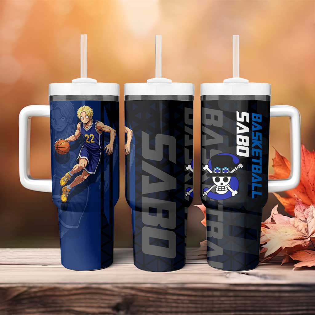 Sabo One Piece Basketball Theme Blue and Black Design Tumbler With Handle with Top Hat Emblem and Action Dribble Pose - The Mazicc