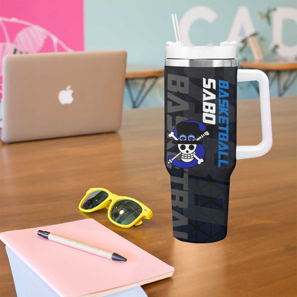 Sabo One Piece Basketball Theme Blue and Black Design Tumbler With Handle with Top Hat Emblem and Action Dribble Pose - The Mazicc