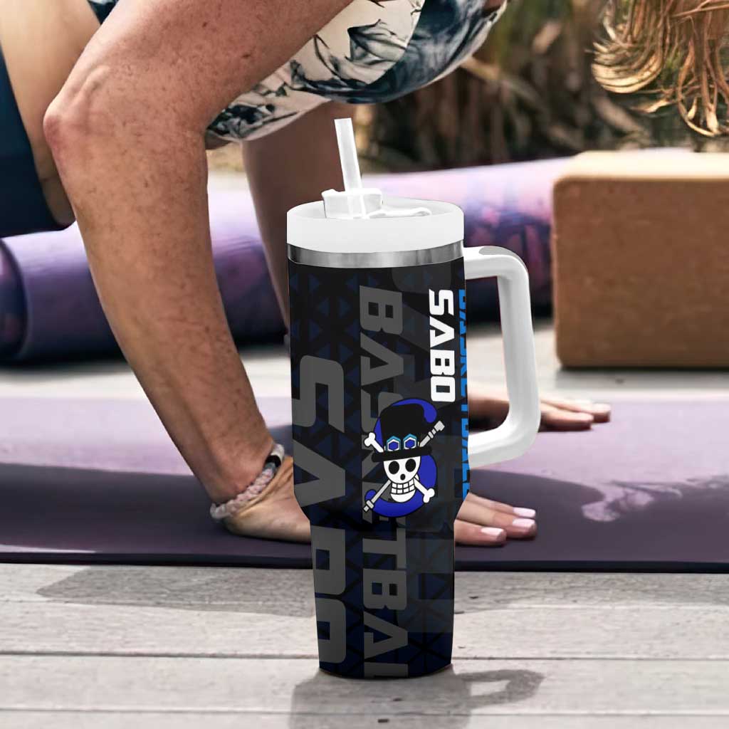 Sabo One Piece Basketball Theme Blue and Black Design Tumbler With Handle with Top Hat Emblem and Action Dribble Pose - The Mazicc
