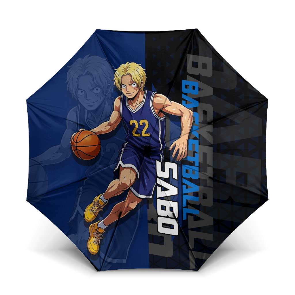 Sabo One Piece Basketball Theme Blue and Black Design Umbrella with Top Hat Emblem and Action Dribble Pose - The Mazicc