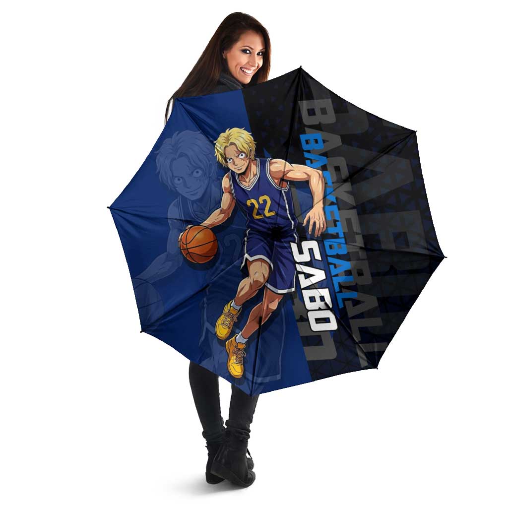 Sabo One Piece Basketball Theme Blue and Black Design Umbrella with Top Hat Emblem and Action Dribble Pose - The Mazicc