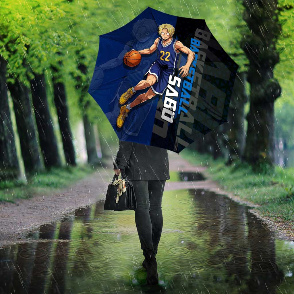 Sabo One Piece Basketball Theme Blue and Black Design Umbrella with Top Hat Emblem and Action Dribble Pose - The Mazicc