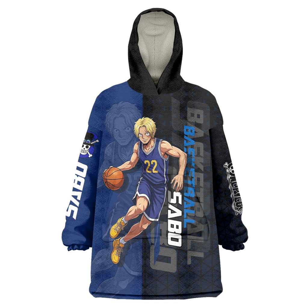 Sabo One Piece Basketball Theme Blue and Black Design Wearable Blanket Hoodie with Top Hat Emblem and Action Dribble Pose - The Mazicc
